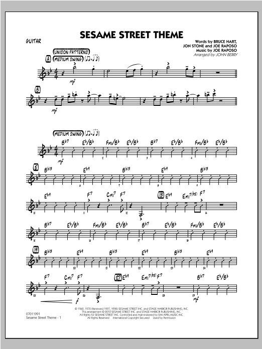 John Berry Sesame Street Theme - Guitar sheet music preview music notes and score for Jazz Ensemble including 2 page(s)