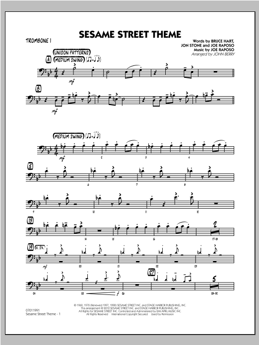 John Berry Sesame Street Theme - Trombone 1 sheet music preview music notes and score for Jazz Ensemble including 2 page(s)
