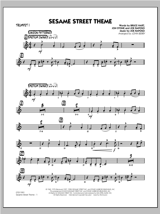 Learn to play John Berry Sesame Street Theme - Trumpet 1 sheet music for Jazz Ensemble in minutes. John Berry Sesame Street Theme - Trumpet 1 sheet music preview music notes and score for Jazz Ensemble including 2 page(s)