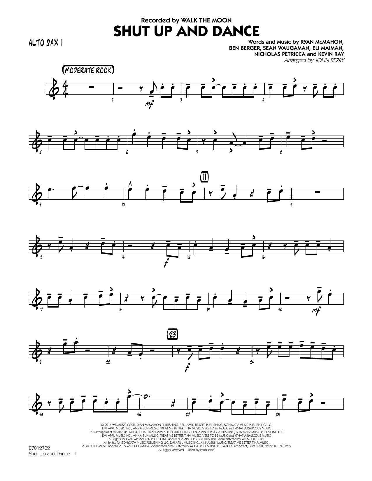Learn to play John Berry Shut Up and Dance - Alto Sax 1 sheet music for Jazz Ensemble in minutes. John Berry Shut Up and Dance - Alto Sax 1 sheet music preview music notes and score for Jazz Ensemble including 2 page(s)