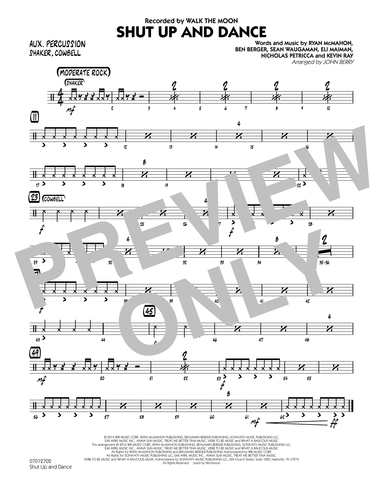 Learn to play John Berry Shut Up and Dance - Aux Percussion sheet music for Jazz Ensemble in minutes. John Berry Shut Up and Dance - Aux Percussion sheet music preview music notes and score for Jazz Ensemble including 1 page(s)