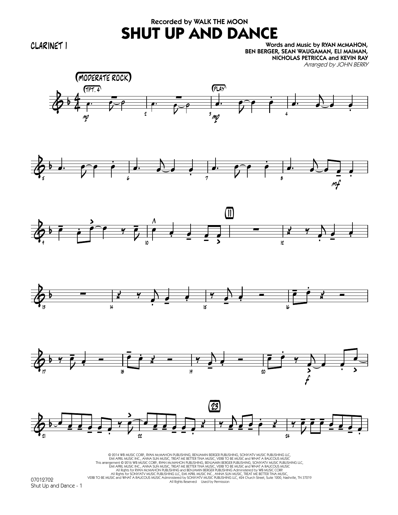 Learn to play John Berry Shut Up and Dance - Bb Clarinet 1 sheet music for Jazz Ensemble in minutes. John Berry Shut Up and Dance - Bb Clarinet 1 sheet music preview music notes and score for Jazz Ensemble including 2 page(s)