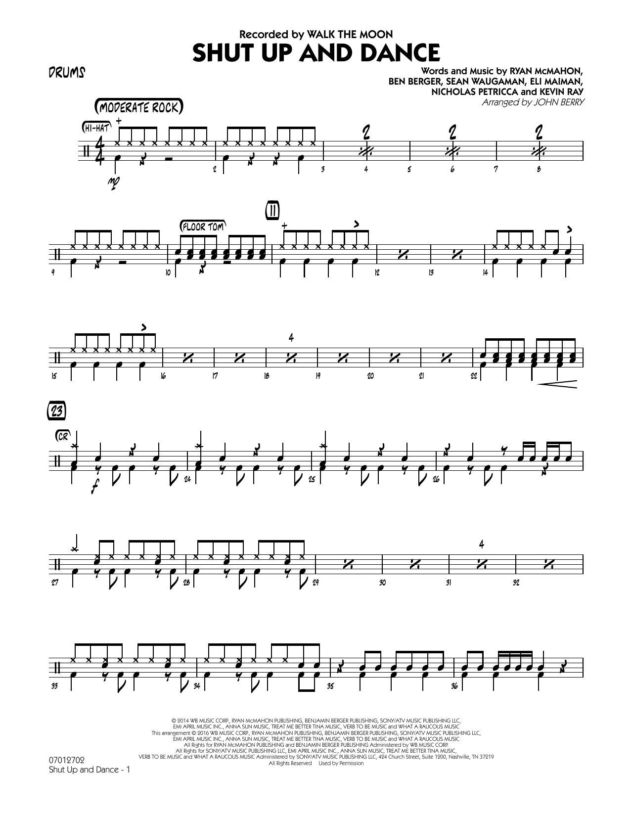 Learn to play John Berry Shut Up and Dance - Drums sheet music for Jazz Ensemble in minutes. John Berry Shut Up and Dance - Drums sheet music preview music notes and score for Jazz Ensemble including 2 page(s)