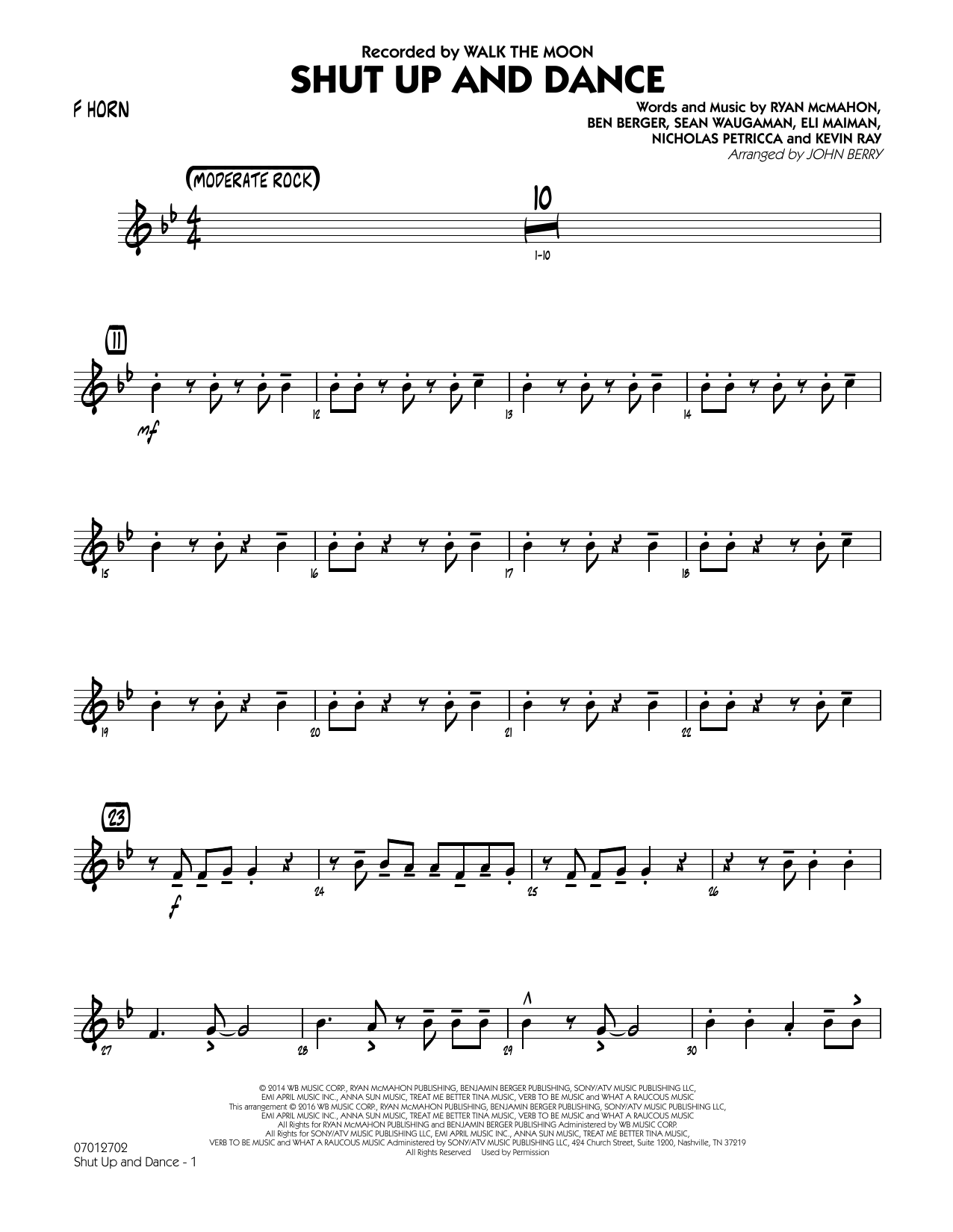Learn to play John Berry Shut Up and Dance - F Horn sheet music for Jazz Ensemble in minutes. John Berry Shut Up and Dance - F Horn sheet music preview music notes and score for Jazz Ensemble including 2 page(s)
