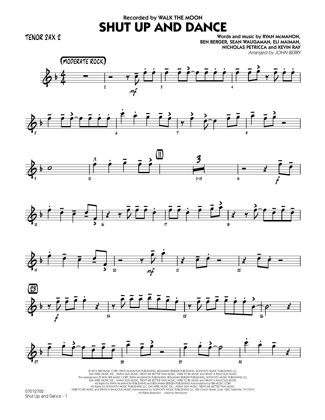 Learn to play John Berry Shut Up and Dance - Tenor Sax 2 sheet music for Jazz Ensemble in minutes. John Berry Shut Up and Dance - Tenor Sax 2 sheet music preview music notes and score for Jazz Ensemble including 2 page(s)