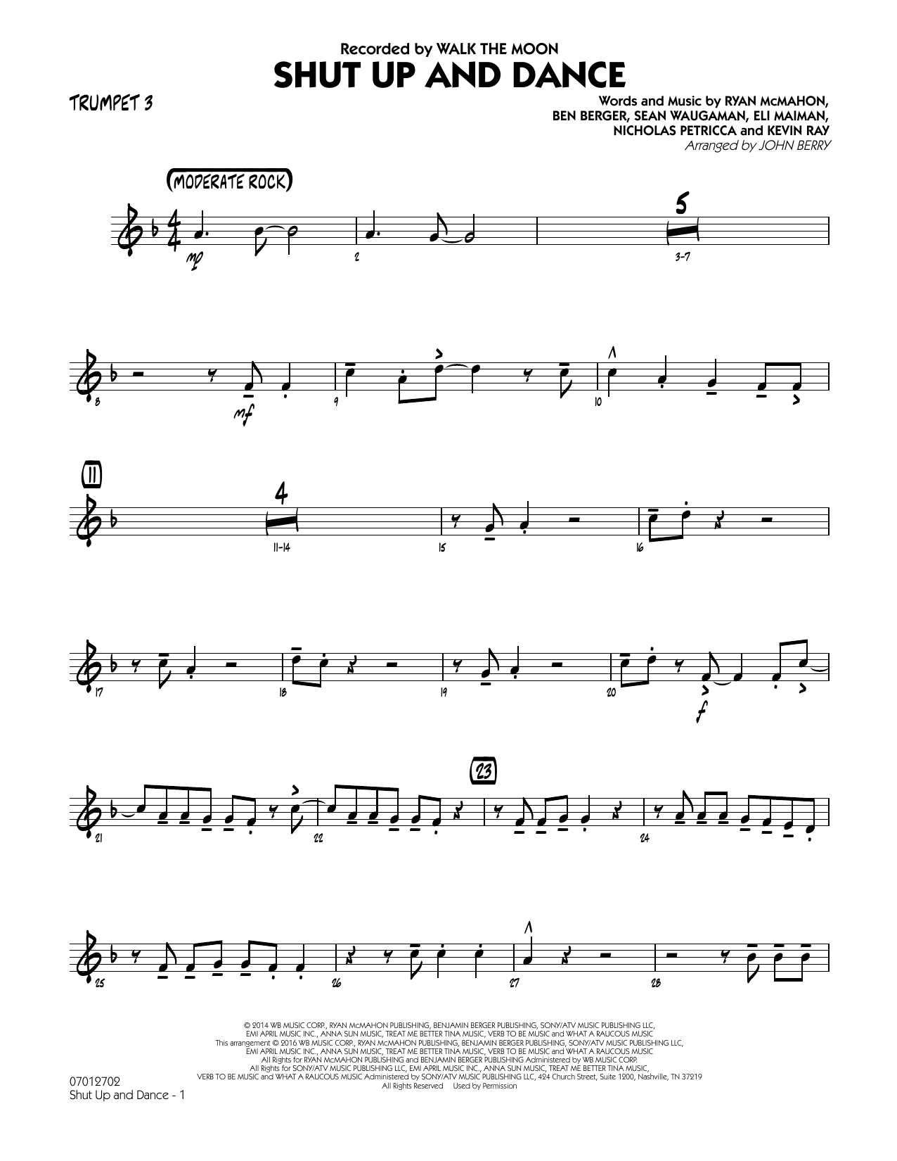 Learn to play John Berry Shut Up and Dance - Trumpet 3 sheet music for Jazz Ensemble in minutes. John Berry Shut Up and Dance - Trumpet 3 sheet music preview music notes and score for Jazz Ensemble including 2 page(s)