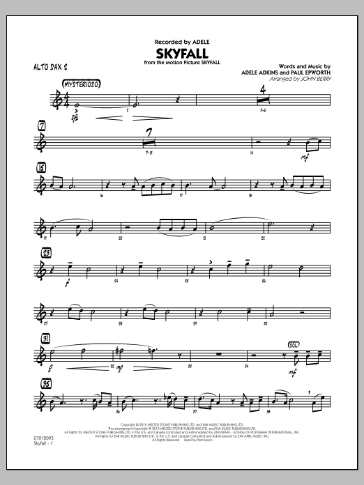 Learn to play John Berry Skyfall - Alto Sax 2 sheet music for Jazz Ensemble in minutes. John Berry Skyfall - Alto Sax 2 sheet music notes and chords