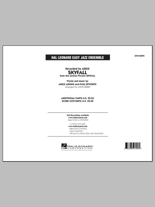 Learn to play John Berry Skyfall - Conductor Score (Full Score) sheet music for Jazz Ensemble in minutes. John Berry Skyfall - Conductor Score (Full Score) sheet music notes and chords
