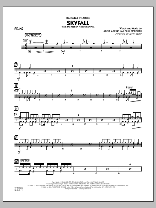 Learn to play John Berry Skyfall - Drums sheet music for Jazz Ensemble in minutes. John Berry Skyfall - Drums sheet music notes and chords