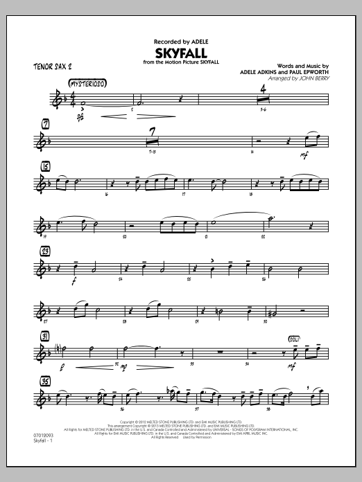Learn to play John Berry Skyfall - Tenor Sax 2 sheet music for Jazz Ensemble in minutes. John Berry Skyfall - Tenor Sax 2 sheet music notes and chords