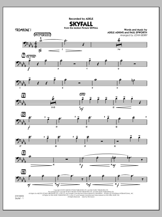 Learn to play John Berry Skyfall - Trombone 1 sheet music for Jazz Ensemble in minutes. John Berry Skyfall - Trombone 1 sheet music notes and chords