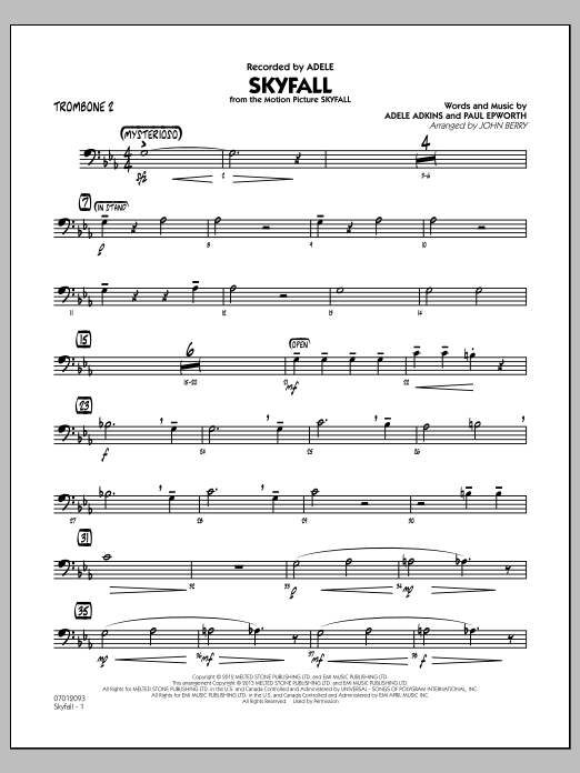 Learn to play John Berry Skyfall - Trombone 2 sheet music for Jazz Ensemble in minutes. John Berry Skyfall - Trombone 2 sheet music notes and chords