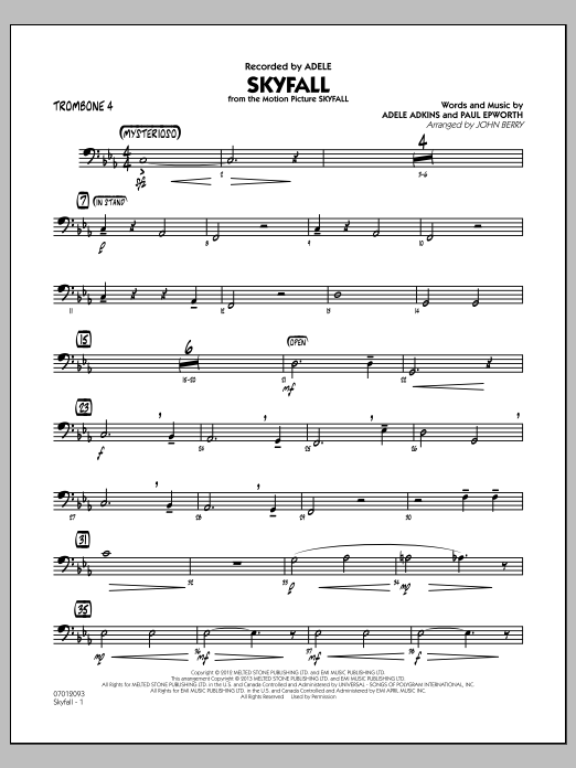 Learn to play John Berry Skyfall - Trombone 4 sheet music for Jazz Ensemble in minutes. John Berry Skyfall - Trombone 4 sheet music notes and chords