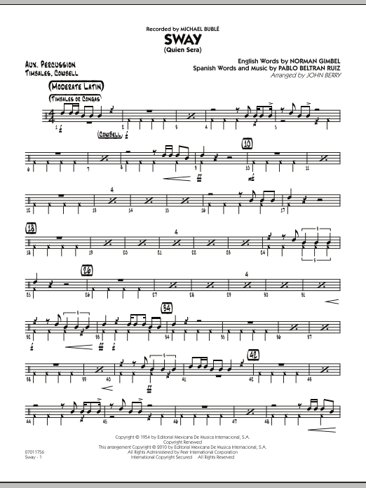 Learn to play John Berry Sway (Quien Sera) - Aux Percussion sheet music for Jazz Ensemble in minutes. John Berry Sway (Quien Sera) - Aux Percussion sheet music preview music notes and score for Jazz Ensemble including 2 page(s)