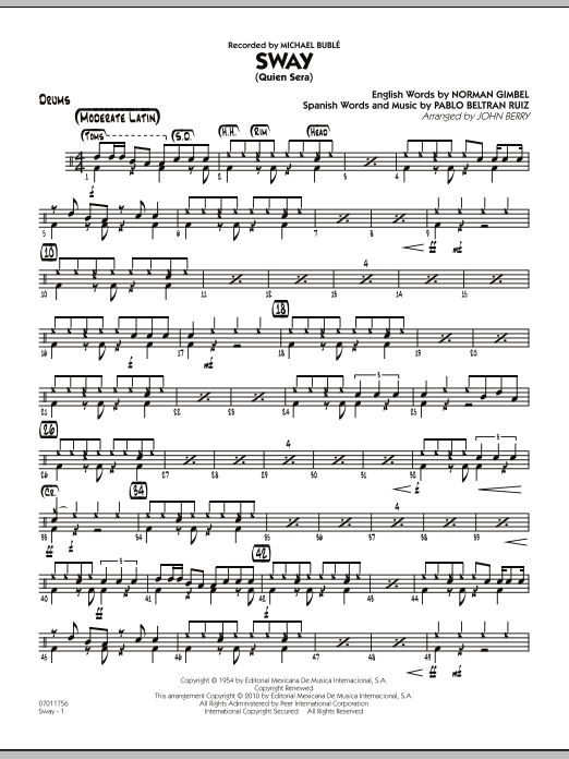 Learn to play John Berry Sway (Quien Sera) - Drums sheet music for Jazz Ensemble in minutes. John Berry Sway (Quien Sera) - Drums sheet music preview music notes and score for Jazz Ensemble including 2 page(s)
