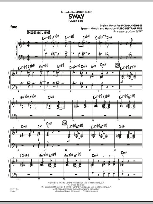 Learn to play John Berry Sway (Quien Sera) - Piano sheet music for Jazz Ensemble in minutes. John Berry Sway (Quien Sera) - Piano sheet music preview music notes and score for Jazz Ensemble including 4 page(s)