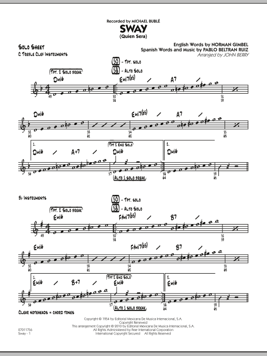 Learn to play John Berry Sway (Quien Sera) - Solo Sheet sheet music for Jazz Ensemble in minutes. John Berry Sway (Quien Sera) - Solo Sheet sheet music preview music notes and score for Jazz Ensemble including 2 page(s)
