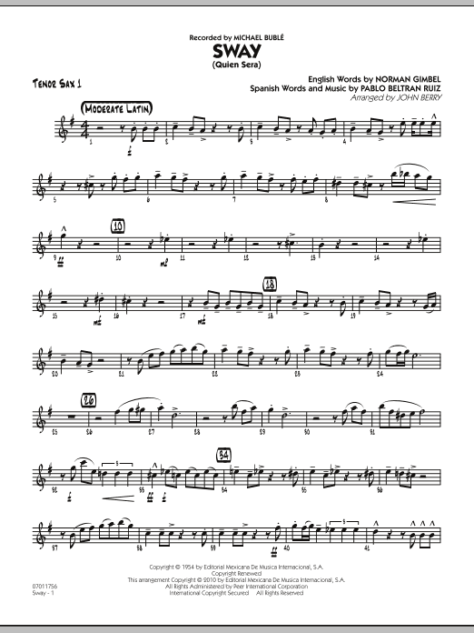 Learn to play John Berry Sway (Quien Sera) - Tenor Sax 1 sheet music for Jazz Ensemble in minutes. John Berry Sway (Quien Sera) - Tenor Sax 1 sheet music preview music notes and score for Jazz Ensemble including 2 page(s)