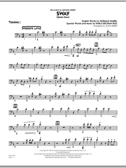 Learn to play John Berry Sway (Quien Sera) - Trombone 1 sheet music for Jazz Ensemble in minutes. John Berry Sway (Quien Sera) - Trombone 1 sheet music preview music notes and score for Jazz Ensemble including 2 page(s)