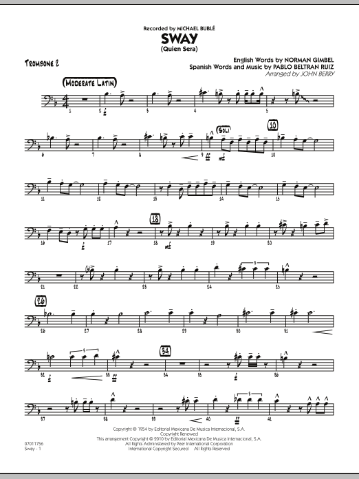 Learn to play John Berry Sway (Quien Sera) - Trombone 2 sheet music for Jazz Ensemble in minutes. John Berry Sway (Quien Sera) - Trombone 2 sheet music preview music notes and score for Jazz Ensemble including 2 page(s)