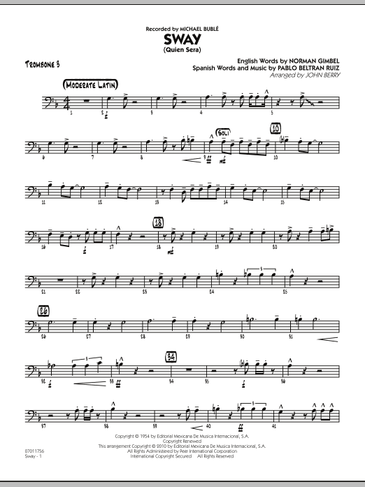 Learn to play John Berry Sway (Quien Sera) - Trombone 3 sheet music for Jazz Ensemble in minutes. John Berry Sway (Quien Sera) - Trombone 3 sheet music preview music notes and score for Jazz Ensemble including 2 page(s)