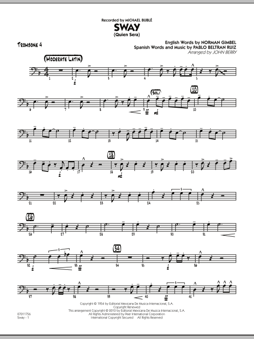 Learn to play John Berry Sway (Quien Sera) - Trombone 4 sheet music for Jazz Ensemble in minutes. John Berry Sway (Quien Sera) - Trombone 4 sheet music preview music notes and score for Jazz Ensemble including 2 page(s)