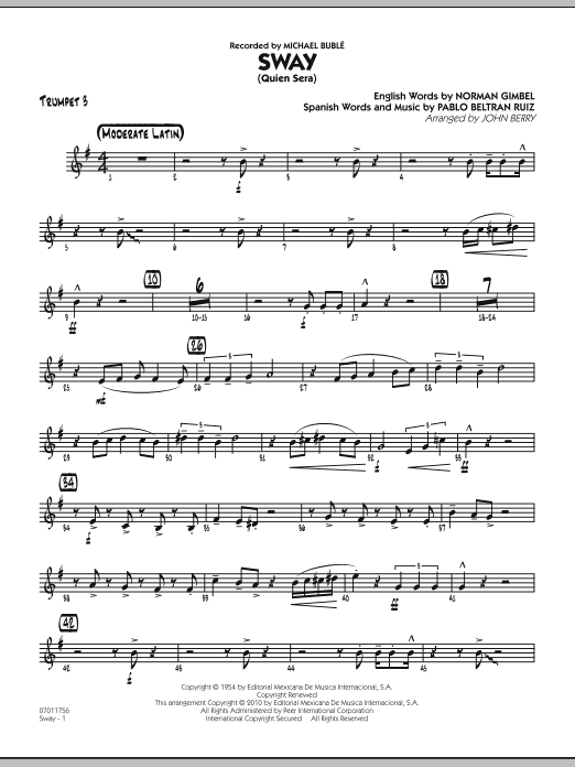 Learn to play John Berry Sway (Quien Sera) - Trumpet 3 sheet music for Jazz Ensemble in minutes. John Berry Sway (Quien Sera) - Trumpet 3 sheet music preview music notes and score for Jazz Ensemble including 2 page(s)