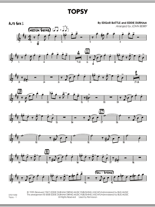 Learn to play John Berry Topsy - Alto Sax 1 sheet music for Jazz Ensemble in minutes. John Berry Topsy - Alto Sax 1 sheet music preview music notes and score for Jazz Ensemble including 2 page(s)