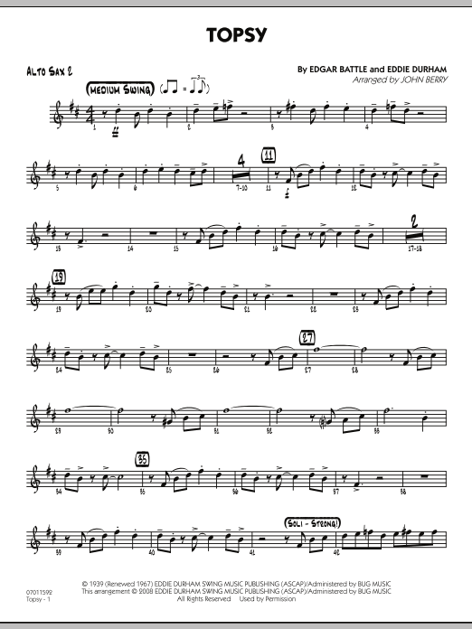 Learn to play John Berry Topsy - Alto Sax 2 sheet music for Jazz Ensemble in minutes. John Berry Topsy - Alto Sax 2 sheet music preview music notes and score for Jazz Ensemble including 2 page(s)
