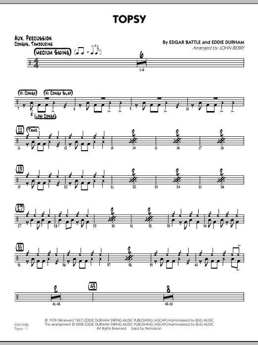 Learn to play John Berry Topsy - Aux Percussion sheet music for Jazz Ensemble in minutes. John Berry Topsy - Aux Percussion sheet music preview music notes and score for Jazz Ensemble including 2 page(s)