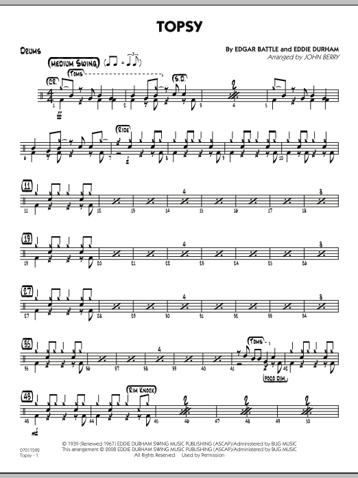 Learn to play John Berry Topsy - Drums sheet music for Jazz Ensemble in minutes. John Berry Topsy - Drums sheet music preview music notes and score for Jazz Ensemble including 2 page(s)