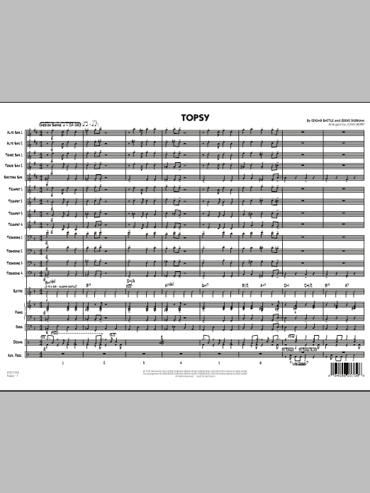Learn to play John Berry Topsy - Full Score sheet music for Jazz Ensemble in minutes. John Berry Topsy - Full Score sheet music preview music notes and score for Jazz Ensemble including 10 page(s)