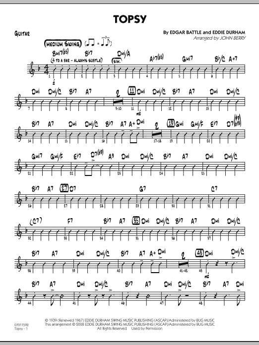Learn to play John Berry Topsy - Guitar sheet music for Jazz Ensemble in minutes. John Berry Topsy - Guitar sheet music preview music notes and score for Jazz Ensemble including 2 page(s)