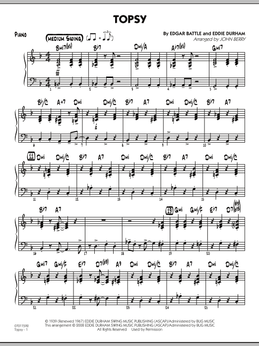 Learn to play John Berry Topsy - Piano sheet music for Jazz Ensemble in minutes. John Berry Topsy - Piano sheet music preview music notes and score for Jazz Ensemble including 4 page(s)