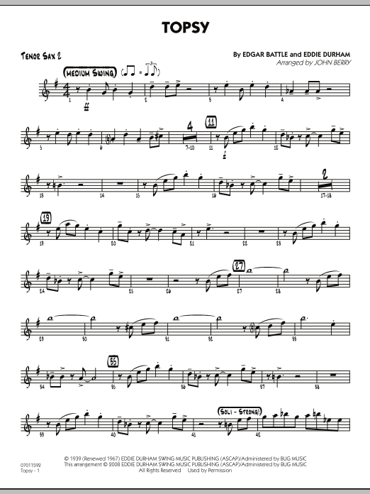 Learn to play John Berry Topsy - Tenor Sax 2 sheet music for Jazz Ensemble in minutes. John Berry Topsy - Tenor Sax 2 sheet music preview music notes and score for Jazz Ensemble including 2 page(s)