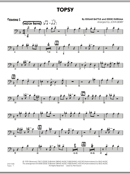 Learn to play John Berry Topsy - Trombone 2 sheet music for Jazz Ensemble in minutes. John Berry Topsy - Trombone 2 sheet music preview music notes and score for Jazz Ensemble including 2 page(s)