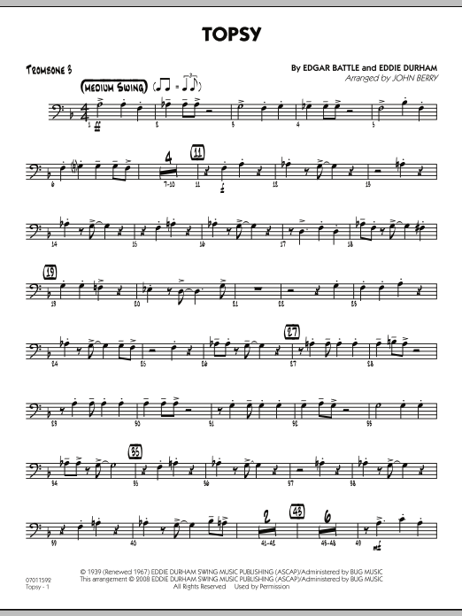 Learn to play John Berry Topsy - Trombone 3 sheet music for Jazz Ensemble in minutes. John Berry Topsy - Trombone 3 sheet music preview music notes and score for Jazz Ensemble including 2 page(s)