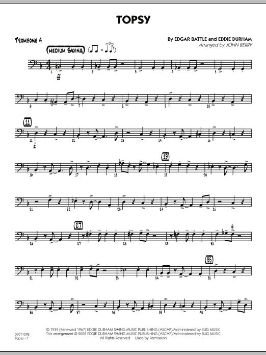 Learn to play John Berry Topsy - Trombone 4 sheet music for Jazz Ensemble in minutes. John Berry Topsy - Trombone 4 sheet music preview music notes and score for Jazz Ensemble including 2 page(s)