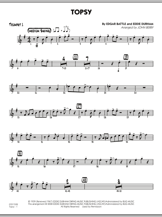 Learn to play John Berry Topsy - Trumpet 1 sheet music for Jazz Ensemble in minutes. John Berry Topsy - Trumpet 1 sheet music preview music notes and score for Jazz Ensemble including 2 page(s)