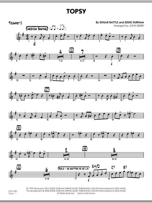 Learn to play John Berry Topsy - Trumpet 2 sheet music for Jazz Ensemble in minutes. John Berry Topsy - Trumpet 2 sheet music preview music notes and score for Jazz Ensemble including 2 page(s)