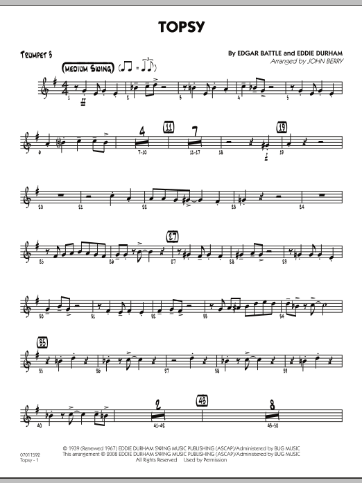 Learn to play John Berry Topsy - Trumpet 3 sheet music for Jazz Ensemble in minutes. John Berry Topsy - Trumpet 3 sheet music preview music notes and score for Jazz Ensemble including 2 page(s)