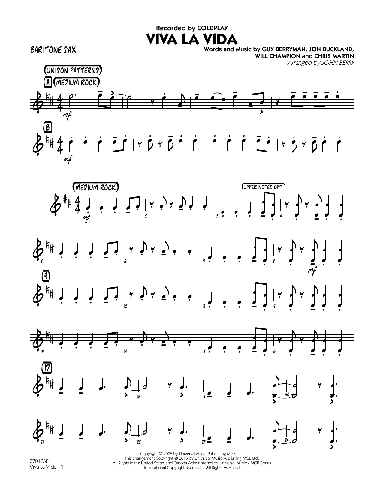 John Berry Viva La Vida Baritone Sax Sheet Music Download Printable Pdf Pop Music Score For Jazz Ensemble