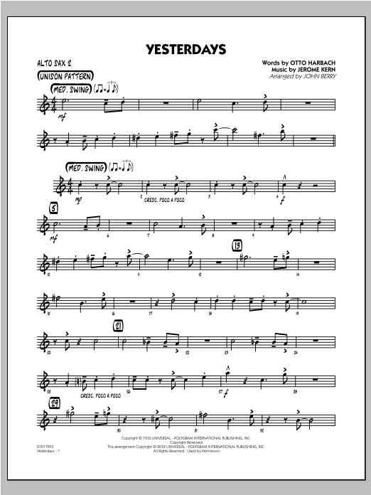 Learn to play John Berry Yesterdays - Alto Sax 2 sheet music for Jazz Ensemble in minutes. John Berry Yesterdays - Alto Sax 2 sheet music preview music notes and score for Jazz Ensemble including 2 page(s)