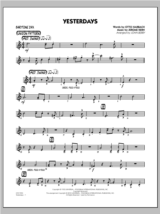 Learn to play John Berry Yesterdays - Baritone Sax sheet music for Jazz Ensemble in minutes. John Berry Yesterdays - Baritone Sax sheet music preview music notes and score for Jazz Ensemble including 2 page(s)