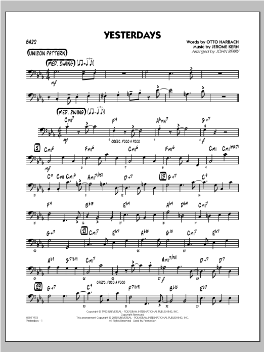 Learn to play John Berry Yesterdays - Bass sheet music for Jazz Ensemble in minutes. John Berry Yesterdays - Bass sheet music preview music notes and score for Jazz Ensemble including 2 page(s)