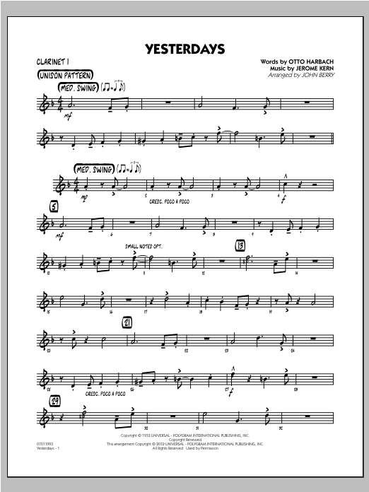 Learn to play John Berry Yesterdays - Bb Clarinet 1 sheet music for Jazz Ensemble in minutes. John Berry Yesterdays - Bb Clarinet 1 sheet music preview music notes and score for Jazz Ensemble including 2 page(s)