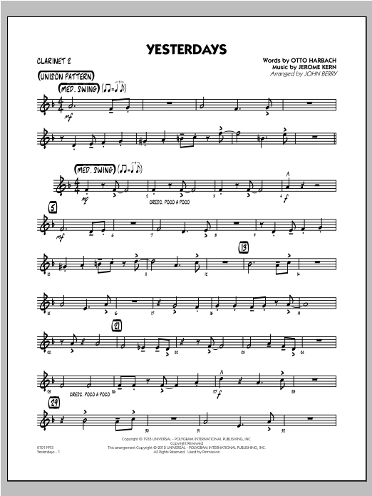 Learn to play John Berry Yesterdays - Bb Clarinet 2 sheet music for Jazz Ensemble in minutes. John Berry Yesterdays - Bb Clarinet 2 sheet music preview music notes and score for Jazz Ensemble including 2 page(s)