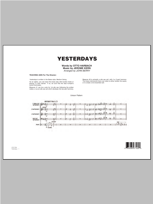 Learn to play John Berry Yesterdays - Conductor Score (Full Score) sheet music for Jazz Ensemble in minutes. John Berry Yesterdays - Conductor Score (Full Score) sheet music preview music notes and score for Jazz Ensemble including 8 page(s)