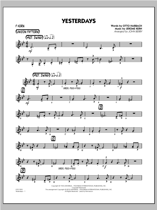 Learn to play John Berry Yesterdays - F Horn sheet music for Jazz Ensemble in minutes. John Berry Yesterdays - F Horn sheet music preview music notes and score for Jazz Ensemble including 2 page(s)