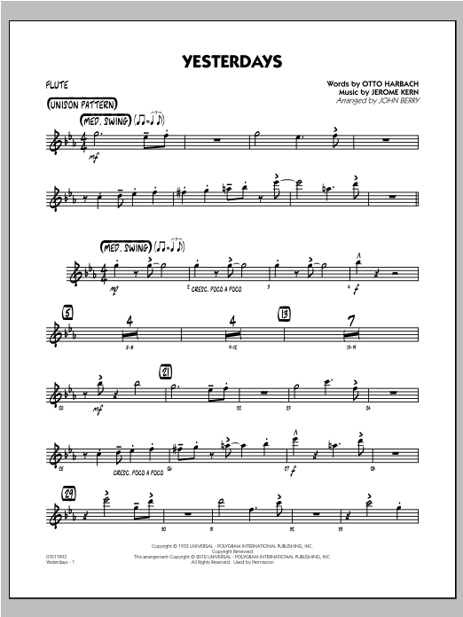 Learn to play John Berry Yesterdays - Flute sheet music for Jazz Ensemble in minutes. John Berry Yesterdays - Flute sheet music preview music notes and score for Jazz Ensemble including 2 page(s)